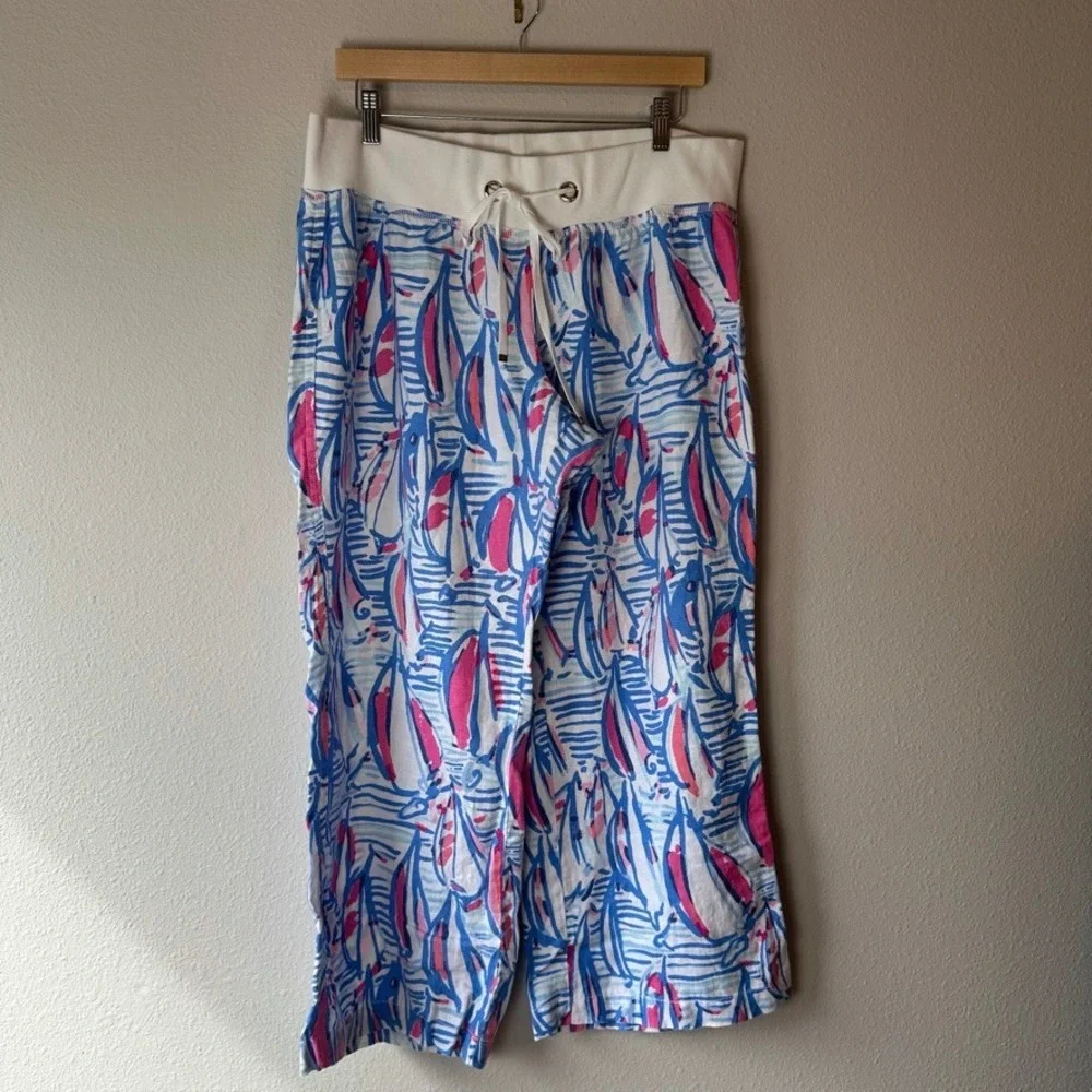 Lilly Pulitzer The Beach Pant XL Lagoon Linen Red Right Return Print Wide Leg - Picture 1 of 8